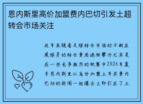 恩内斯里高价加盟费内巴切引发土超转会市场关注